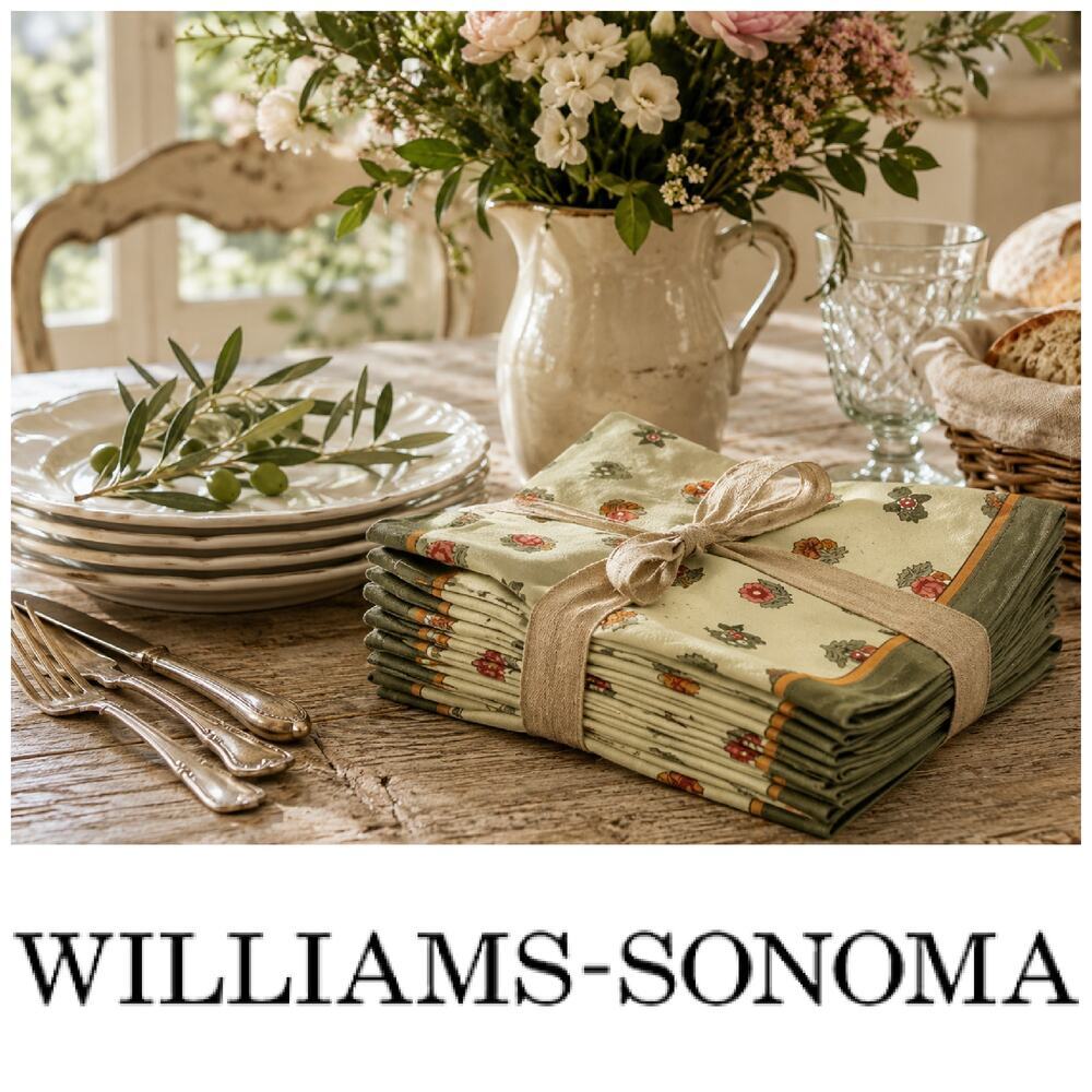 Lot 6 Williams Sonoma Floral Cotton Dinner Napkins Sage Green 20x20 India